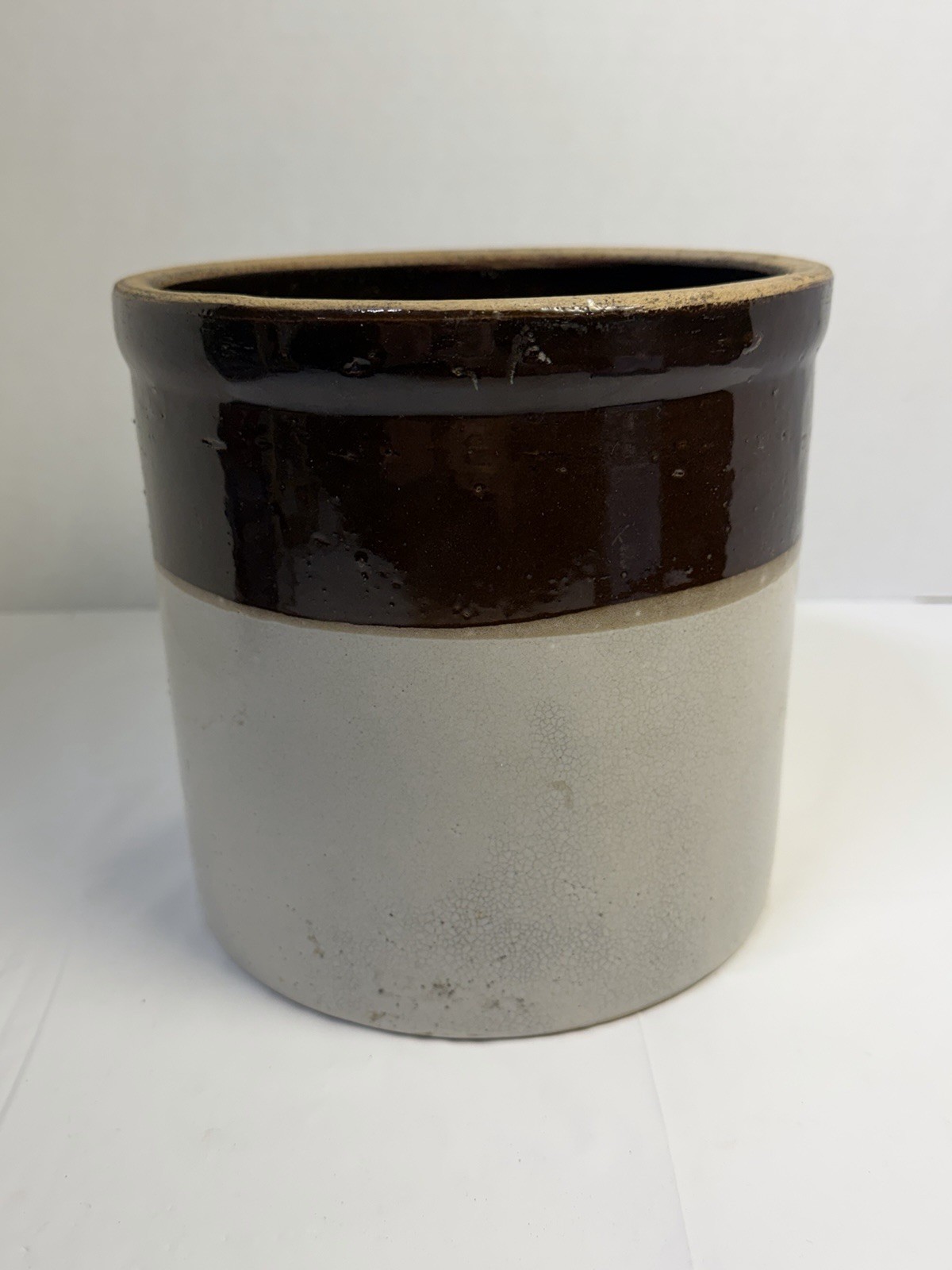 Antique Stoneware Crock Brown Cream Glaze Unmarked Primitive Farmhouse