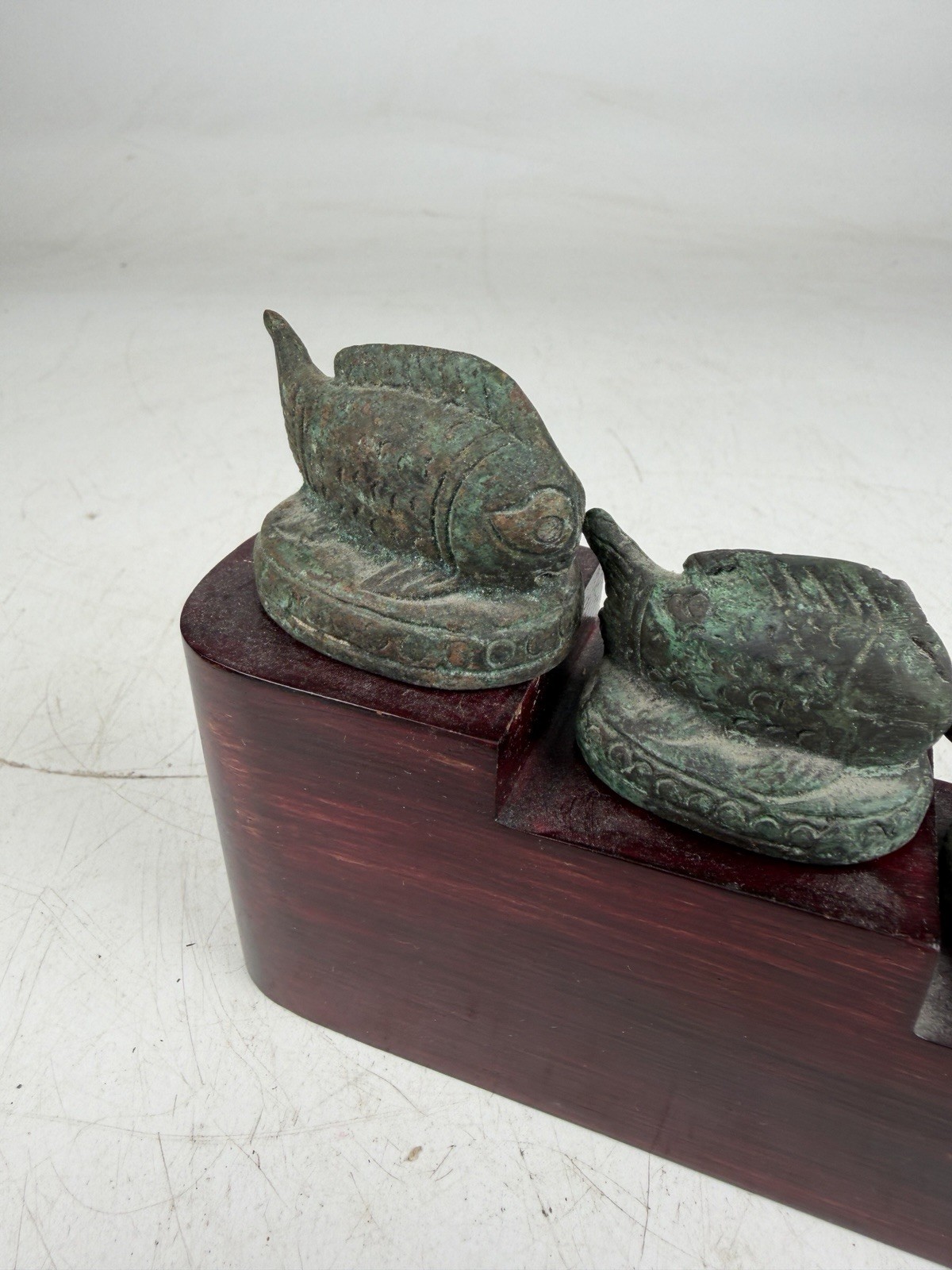 Set Of 5 1880s Antique Burmese Chinese Fish Shaped Pipe Weights W Stand