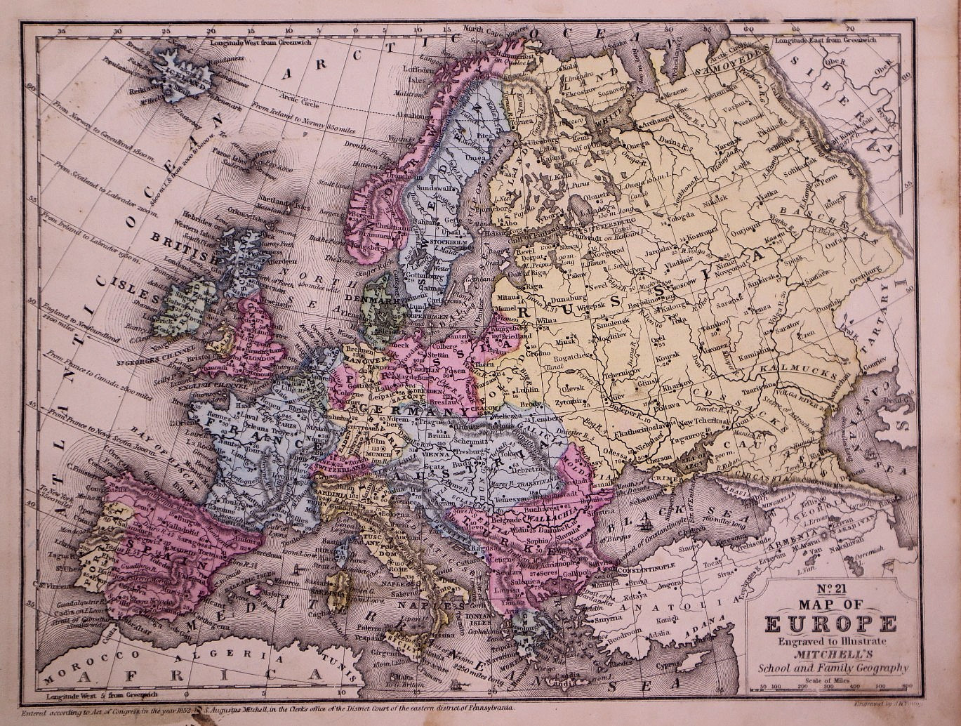 Rare Antique 1857 Map ~ Europe by S. Augustus Mitchell