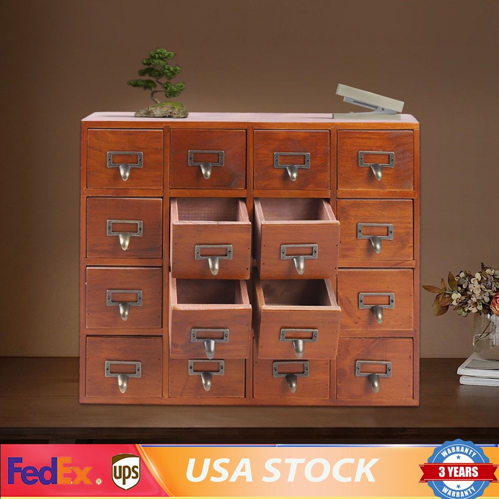 16 Drawers Vintage Tabletop Library Card Catalog Cabinet Apothecary Storage Box