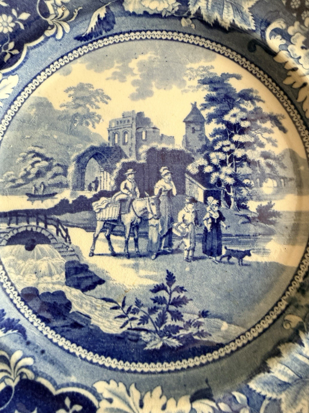 Antique Pearlware Transferware Plate, Family & Mule Pattern 10” C1820