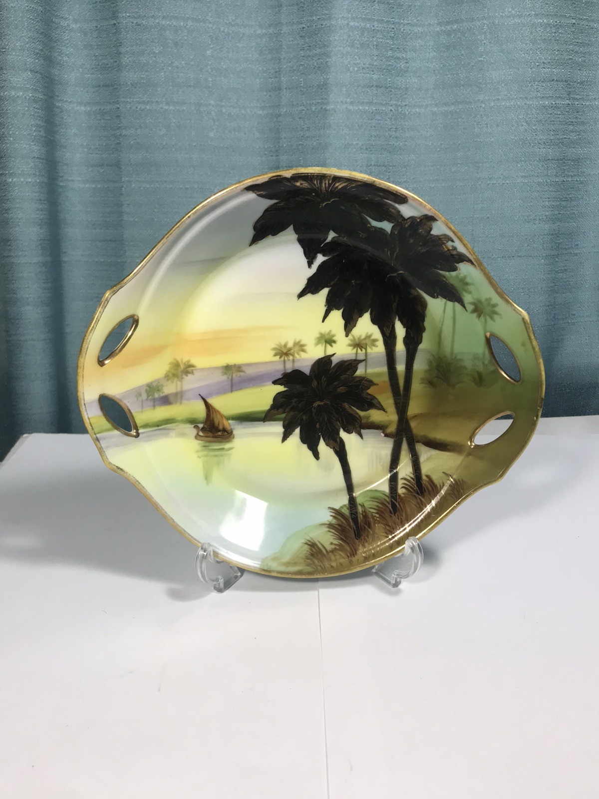 Morimura Antique Nut Bowl Sunset Black & Gold Palm Trees Hand Painted Nippon 7″
