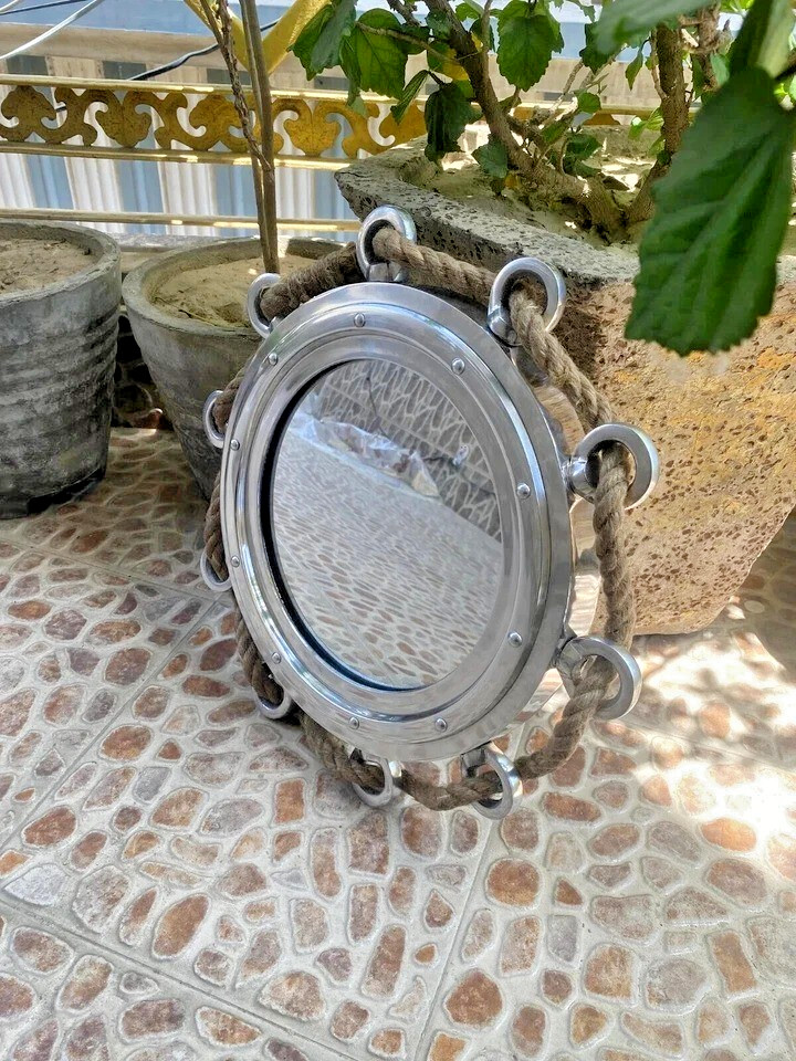 Maritime Porthole Mirror 15 Inch Aluminum Jute Rope Nautical Window Wall Decor