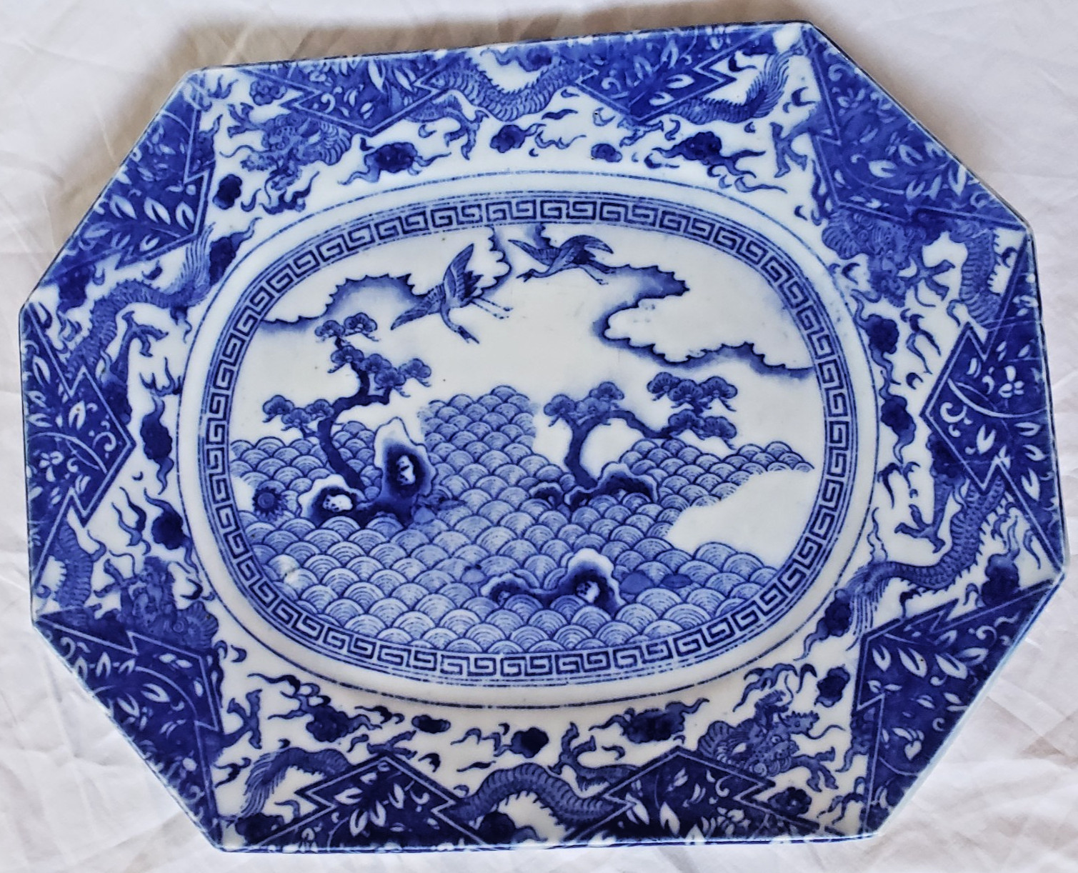 Antique Japanese Octagonal Platter Blue and White Porcelain 11.5″ Meiji Period