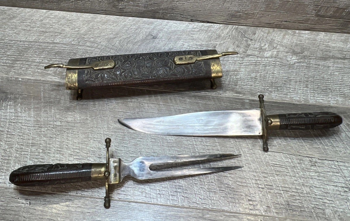 Vintage Carving Knife Fork Set Hand Carved Wood Holder Case India Brass Ornate