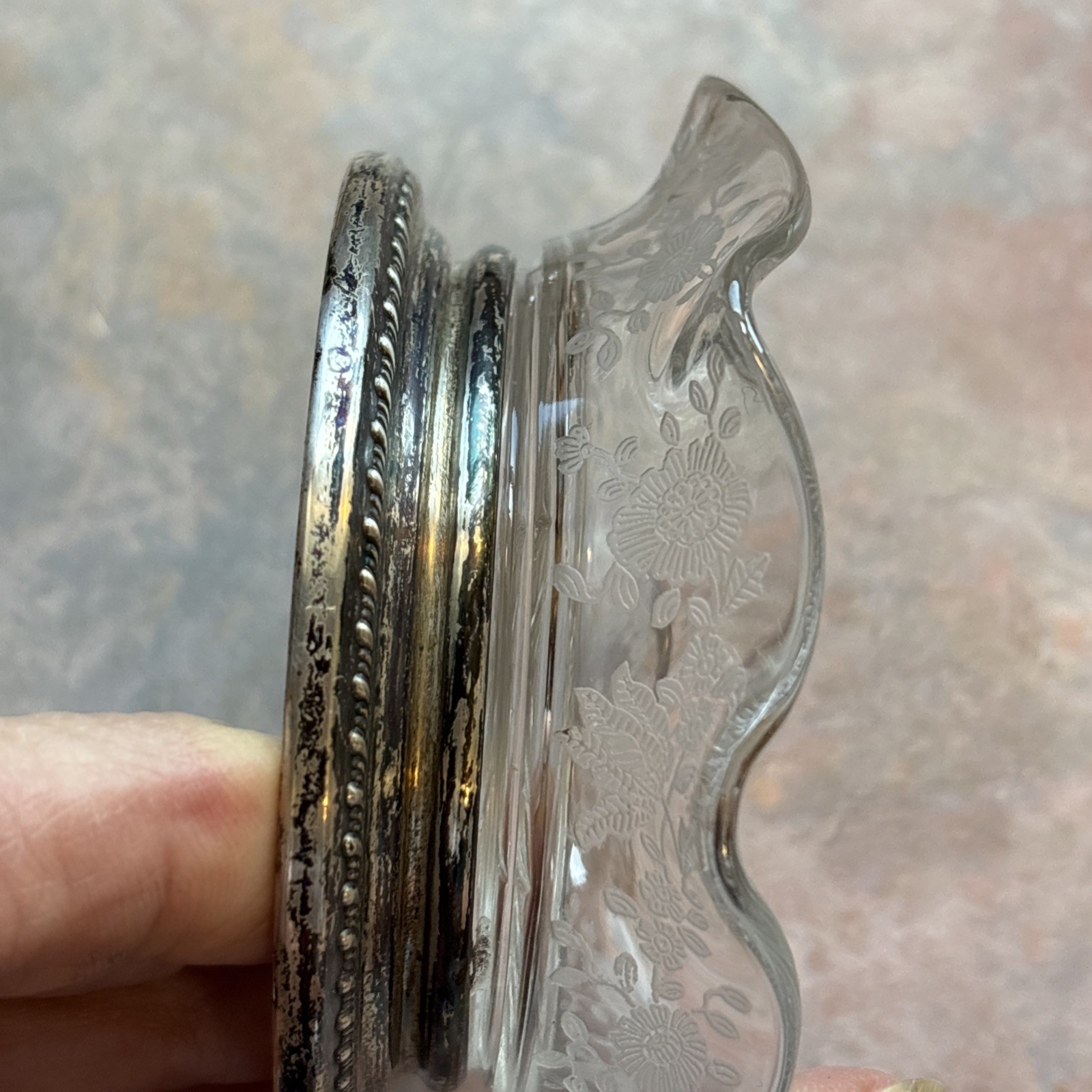 Sterling Silver Base Floral Etched Elegant Cambridge Chantilly Glass Coaster