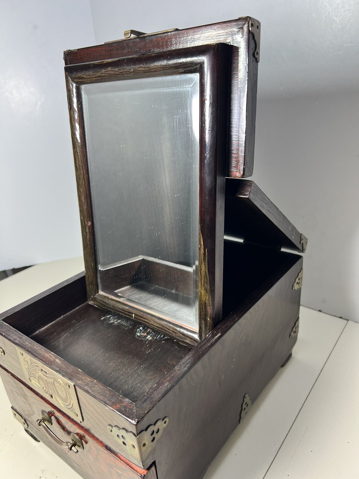 1930’s Chinese Traveling Shaving/vanity Box Brass Hinged With Mirror & Drawer Rv