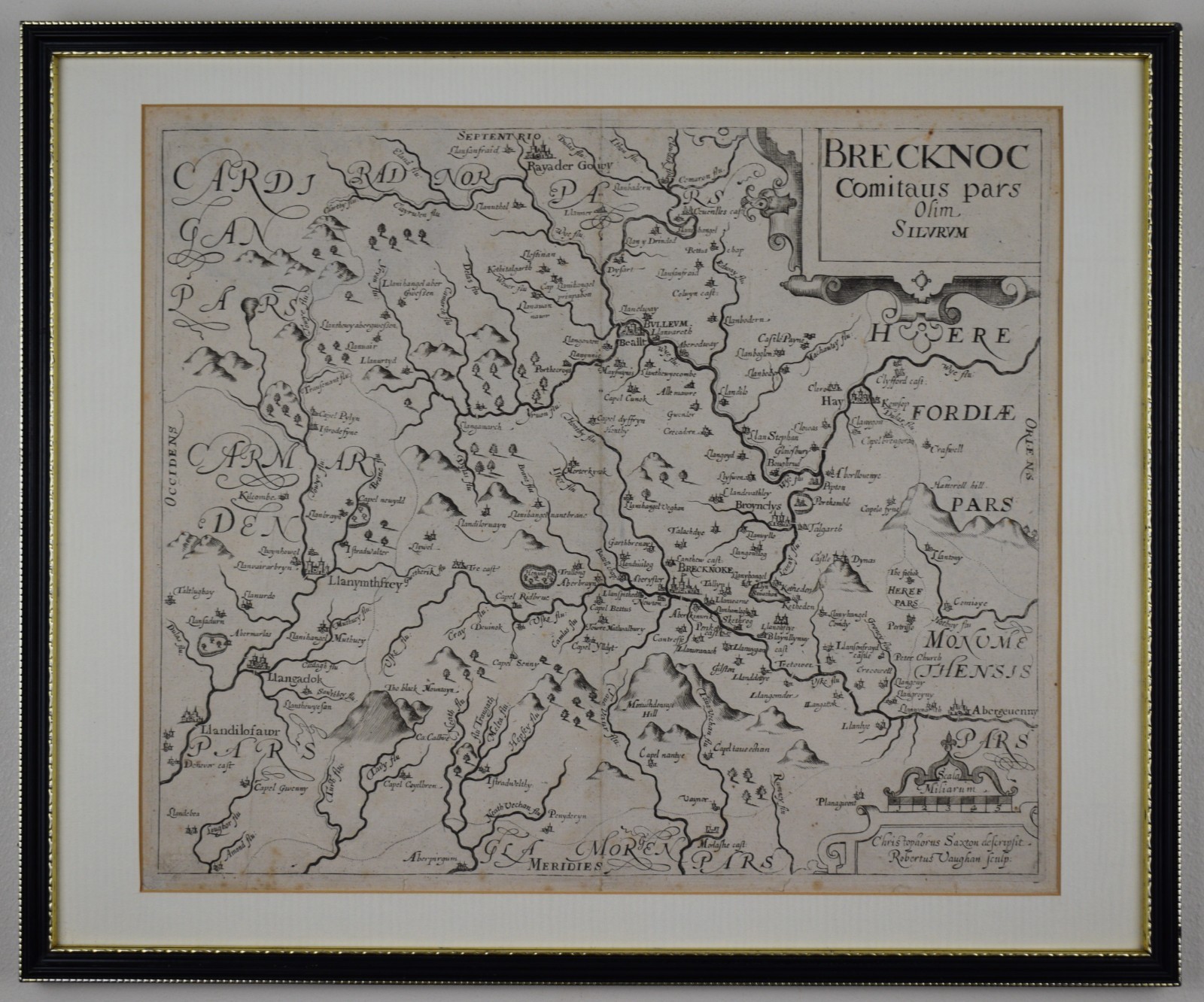 Breckonoc Comitaus – Saxton & Robert Vaughan 1637 copperplate engraved map.