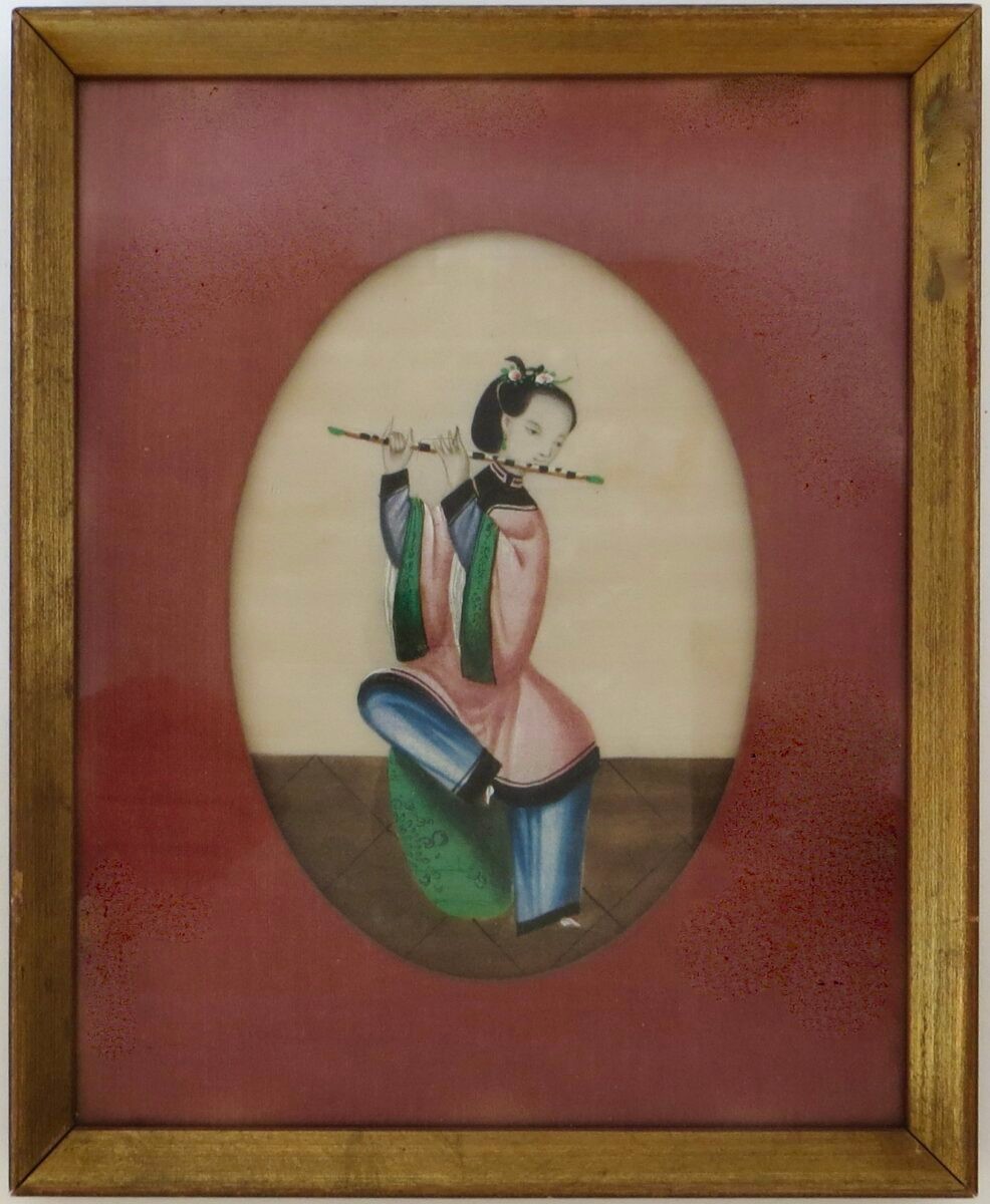 Mid 19thC. Chinese Pith Painting of A Female Flautist Framed; Oval Matte C. 1850