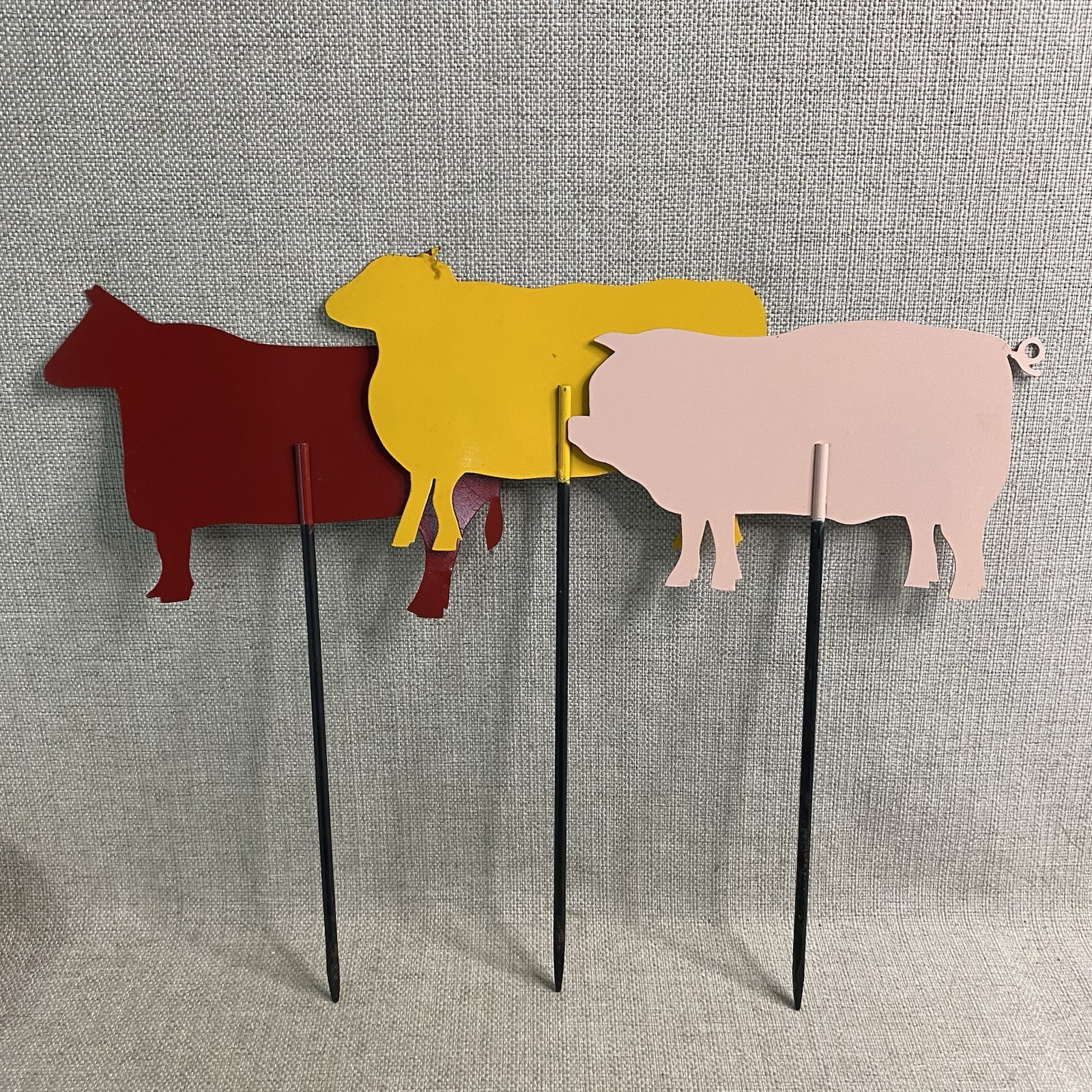 Vintage Metal Garden Stakes Farm Animal Shapes Cow Pig Sheep Yard Decor