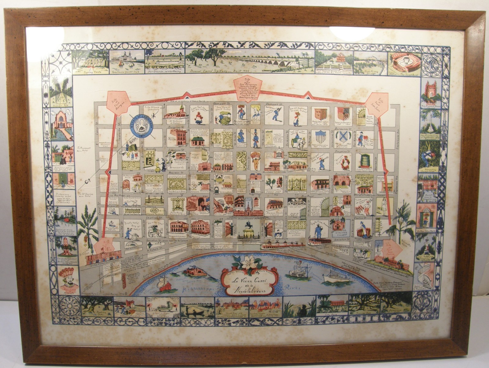 VINTAGE FRAMED 1942 COLOR PICTORIAL MAP FRENCH QUARTER NEW ORLEANS MYRA Z BARNES