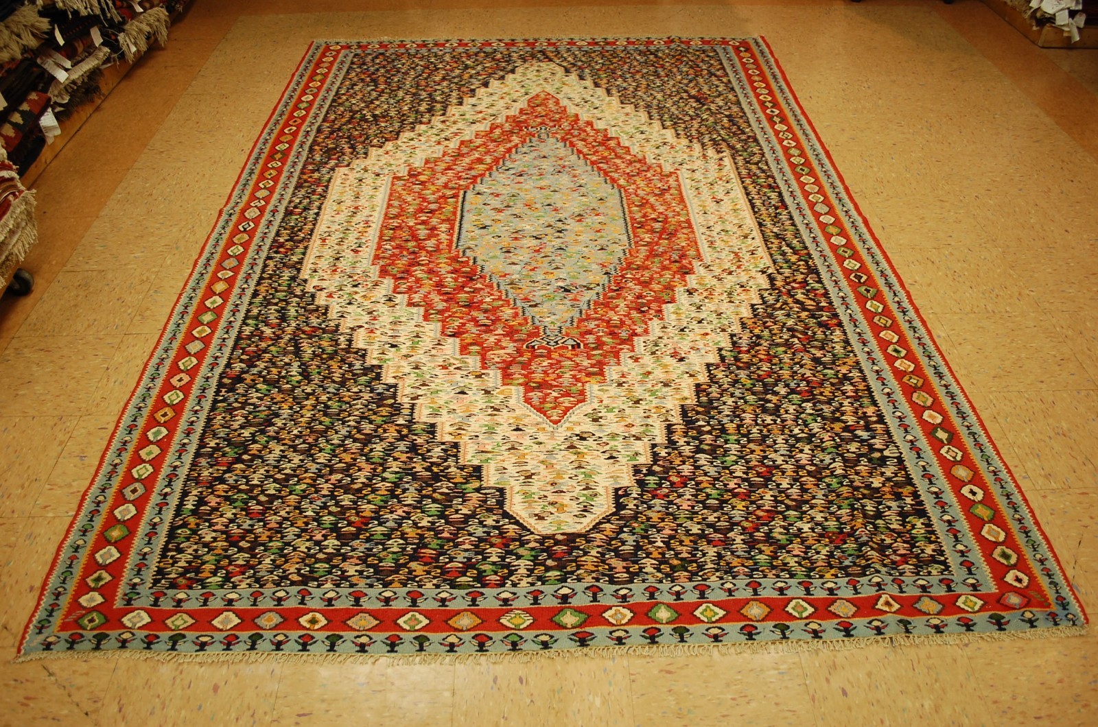 OLD,ANTIQUE SO MUCH DETAILS NATURAL WOOL HANDWOVEN FLAT RUG KILIM 6’6″ x 9’8″