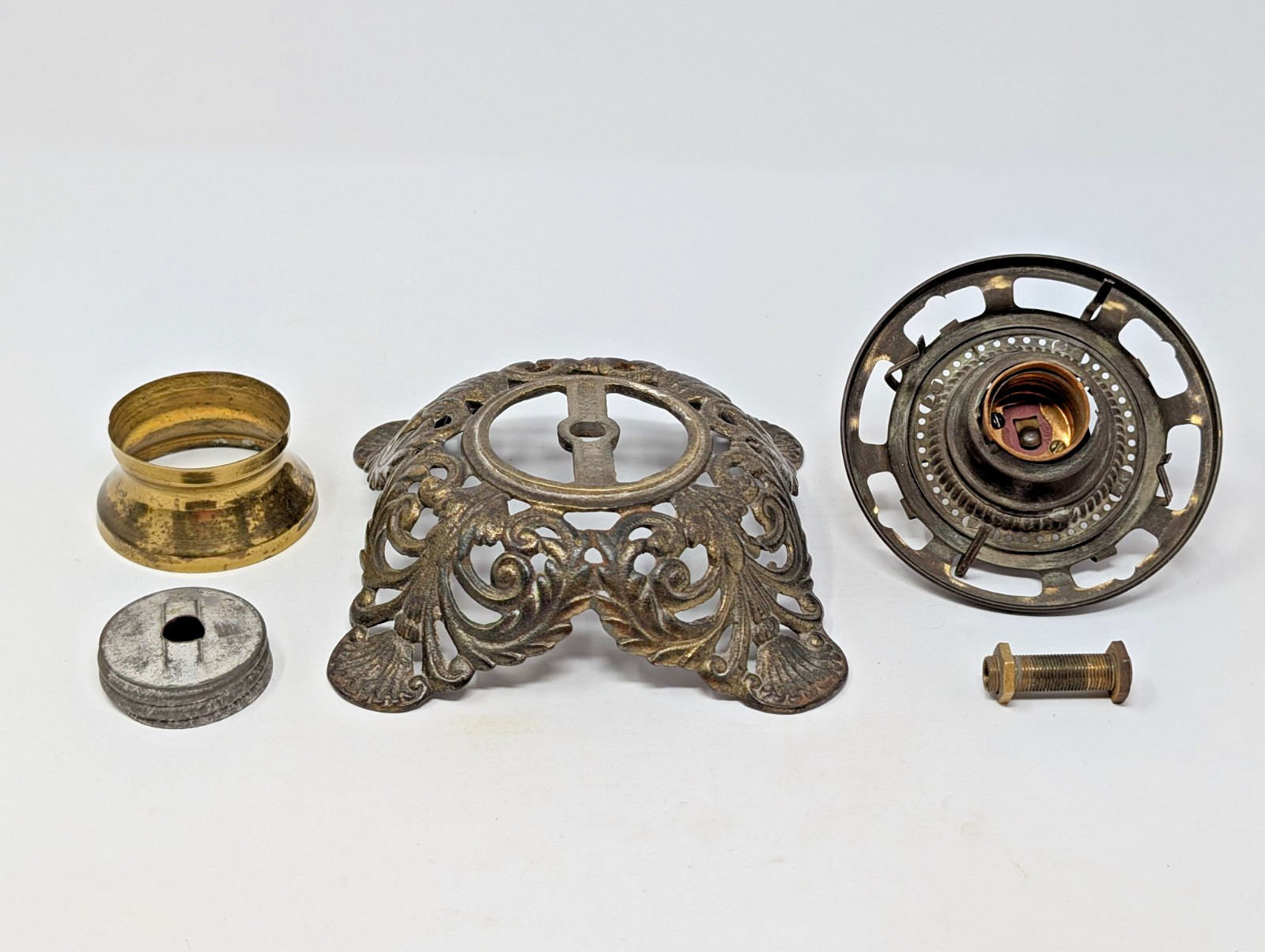 Antique Ornate Cast Iron Lamp Base and Pieces Only – From Vintage Hurricane Lamp