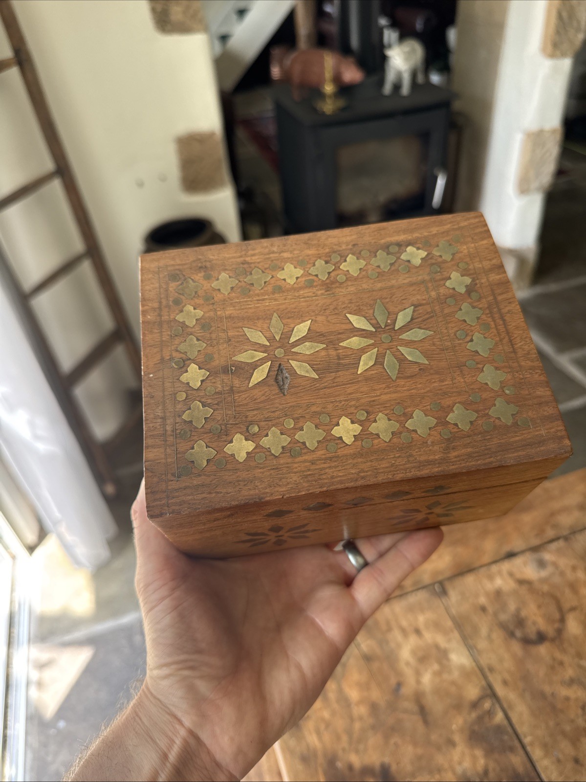 Vintage Wooden Storage Box Trinkets Stationery Jewellery Patina Brass Detail