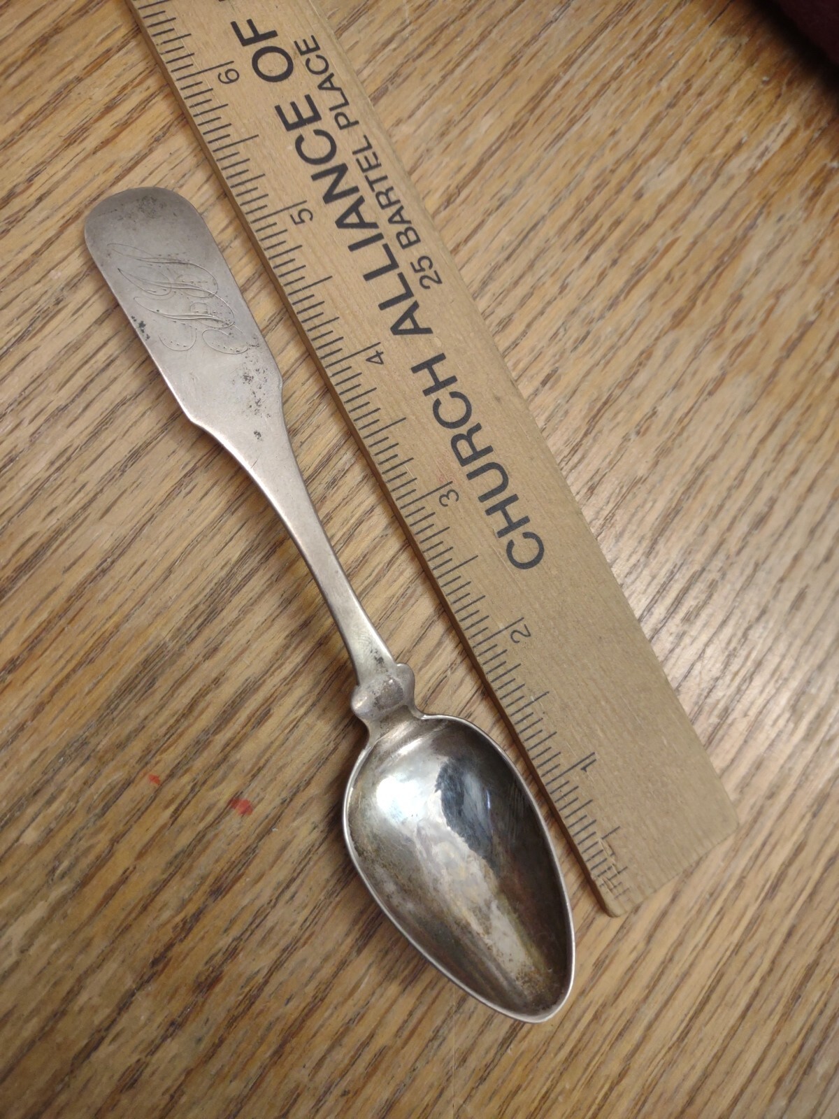Antique Fiddleback Barrows Coin Silver Serving Spoon: 5 1/2″ W Monogram
