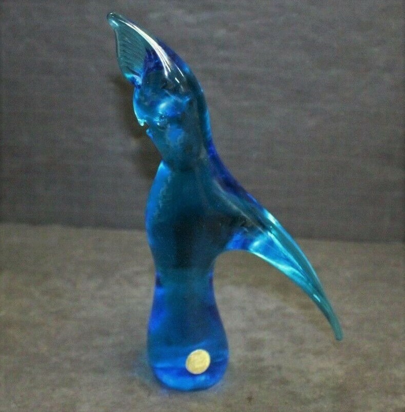 Bright Blue Swedish Parrot Cockatoo Glass Sculpture Danish Modern Vintage
