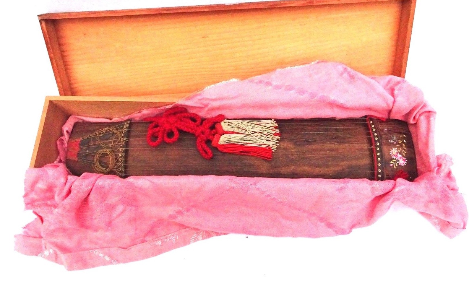 Pre WWII Japanese Koto Musical Instrument w/Mother of Pearl Inlay Gold Gilt Silk