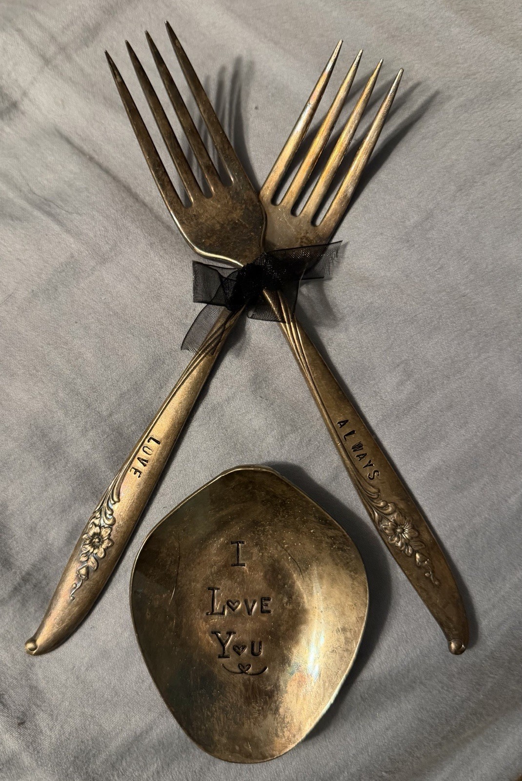 Vintage Nobility Silverplate Hand Stamped Fork Spoon Wall Art Love Always