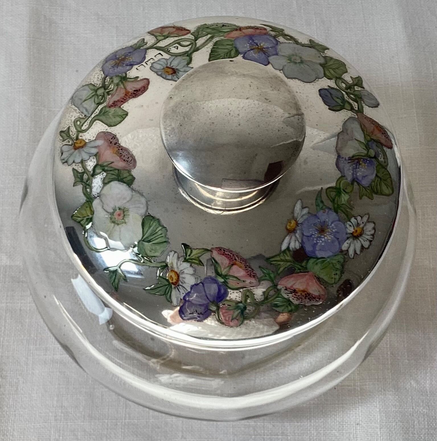 Large antique glass powder bowl w exquisite HMSS lid w enamelled flowers