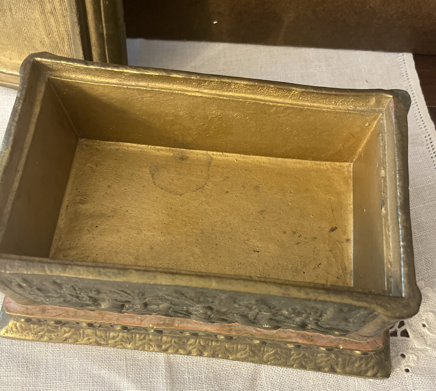 Antique Copper Embossed Relief Scene Lined Trinket Dresser Storage Box