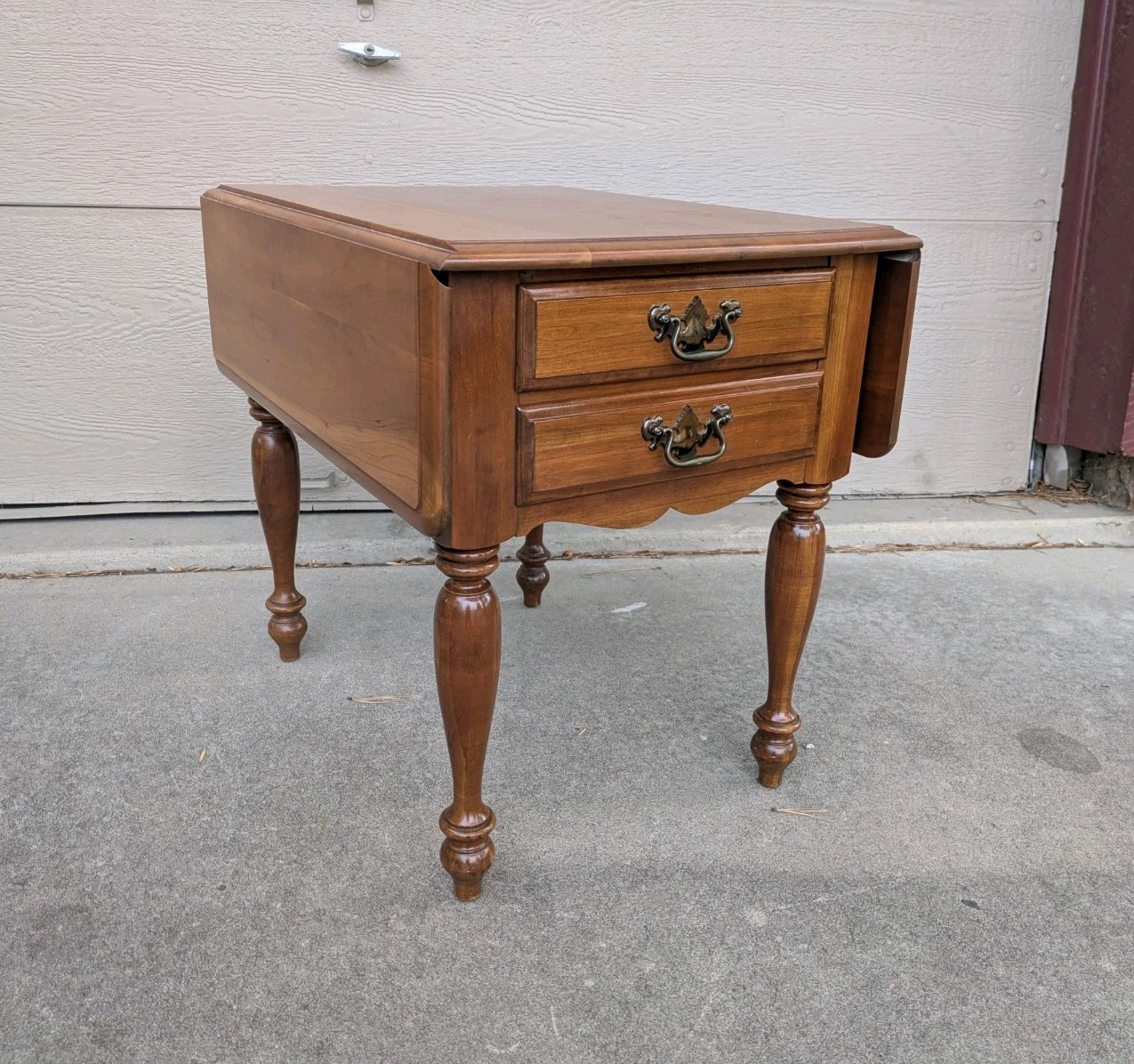 Vintage Rustic Country Colonial Solid Cherry Wood Drop Leaf 2-Drawer End Table B