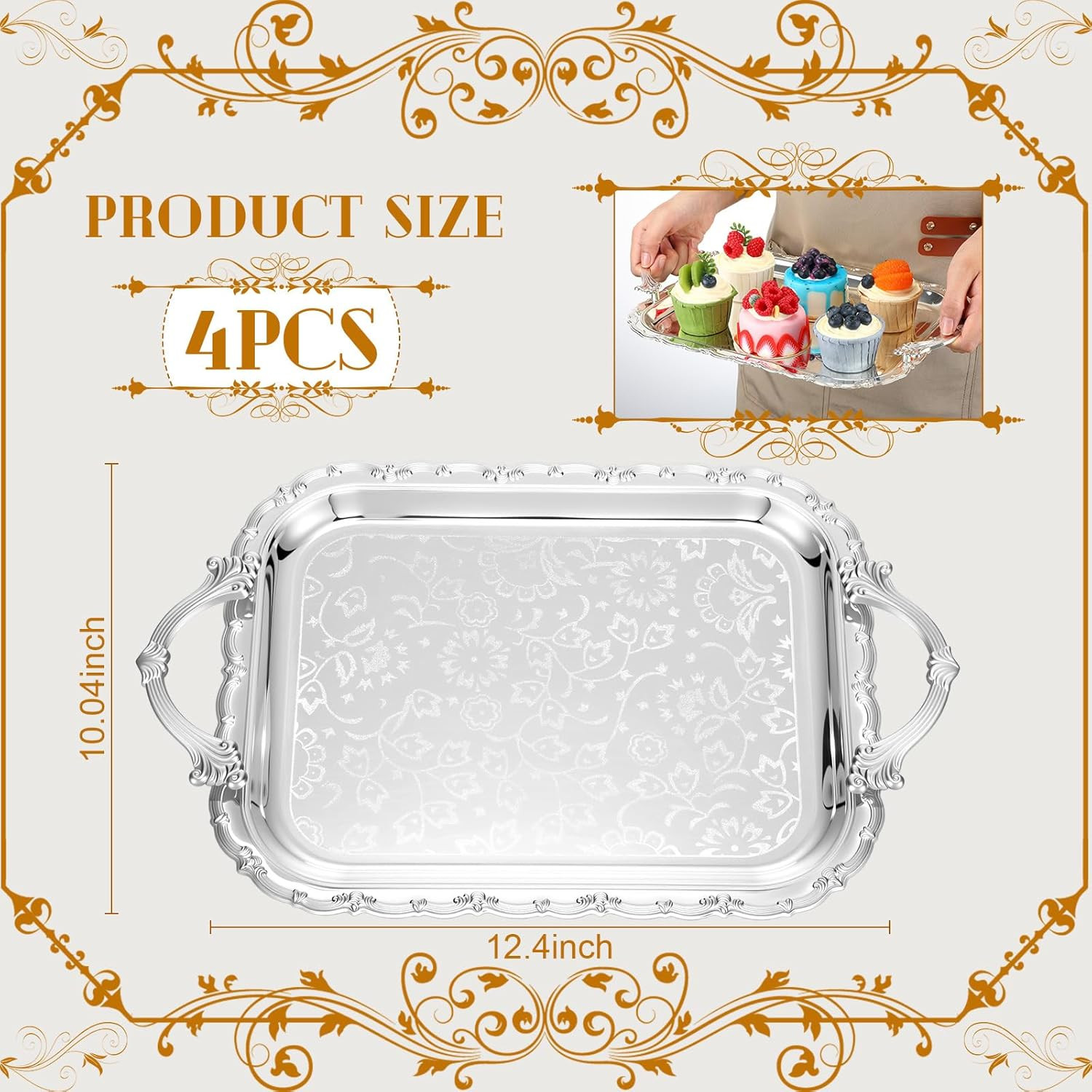 4 Pcs Silver Serving Tray with Handles Victoria Floral Engraved Metal Platters