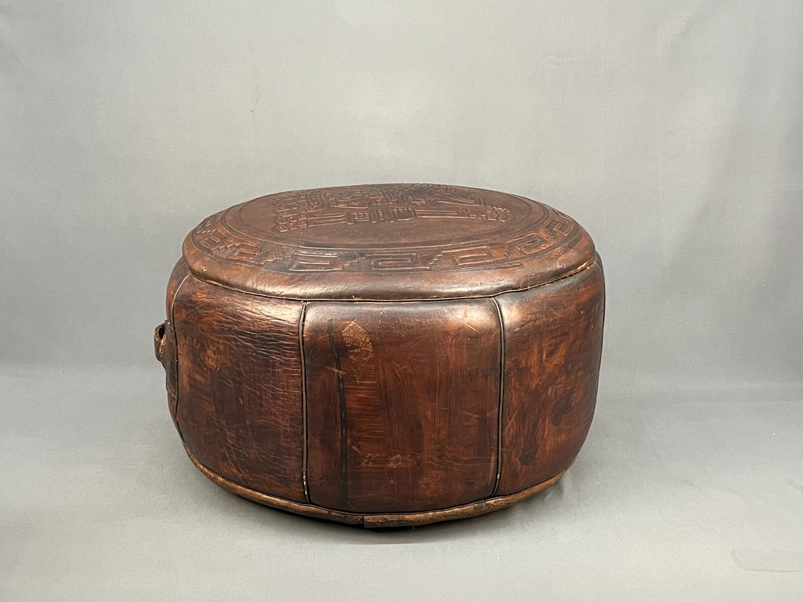 Vtg Brown Tooled Leather Peruvian 20″ Ottoman Hassock with Handle; 1940’s-50’s