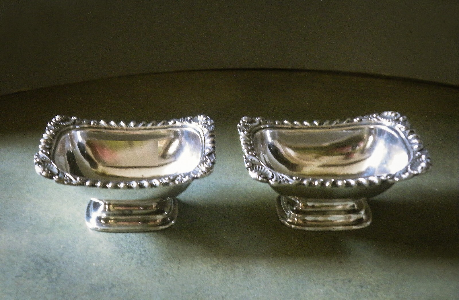 Pair Of Late Georgian / Regency Old Sheffield Plate Salts. Gadroon & Shell Rims.
