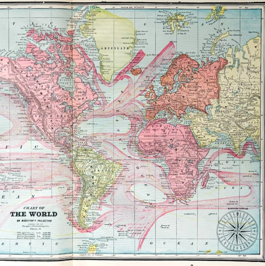 1895 World Map Ocean Currents Mariners Compass Victorian Geography DWYY10D