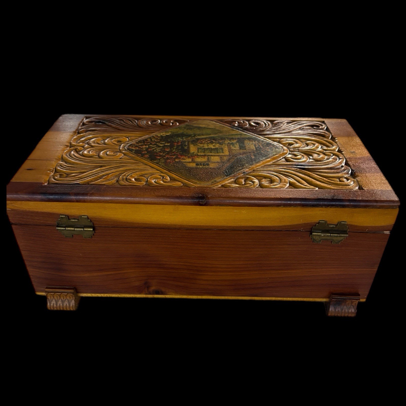 Vintage Wood Trinket Jewelry Box w/Decoupage Cottage Scene 10.5″ x 6″ x 3.5″