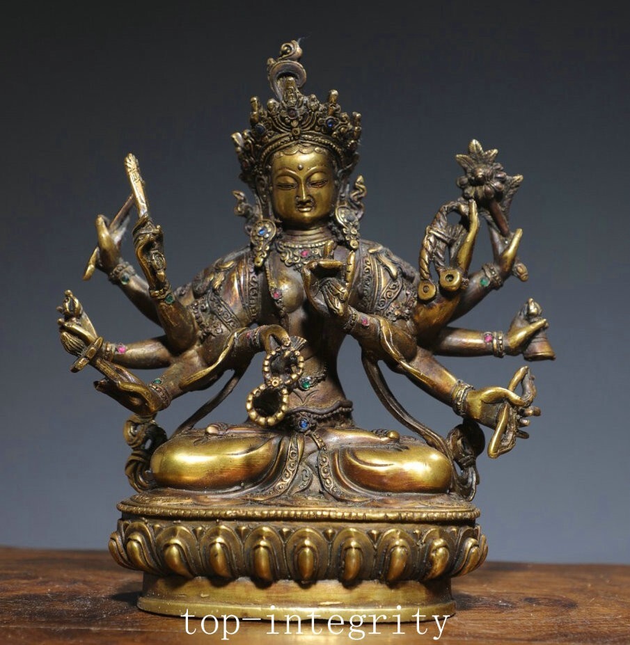 Tibet Pure Bronze Gilt Inlay Gems 10 Arms Goddess Kwan-yin Guanyin Buddha Statue