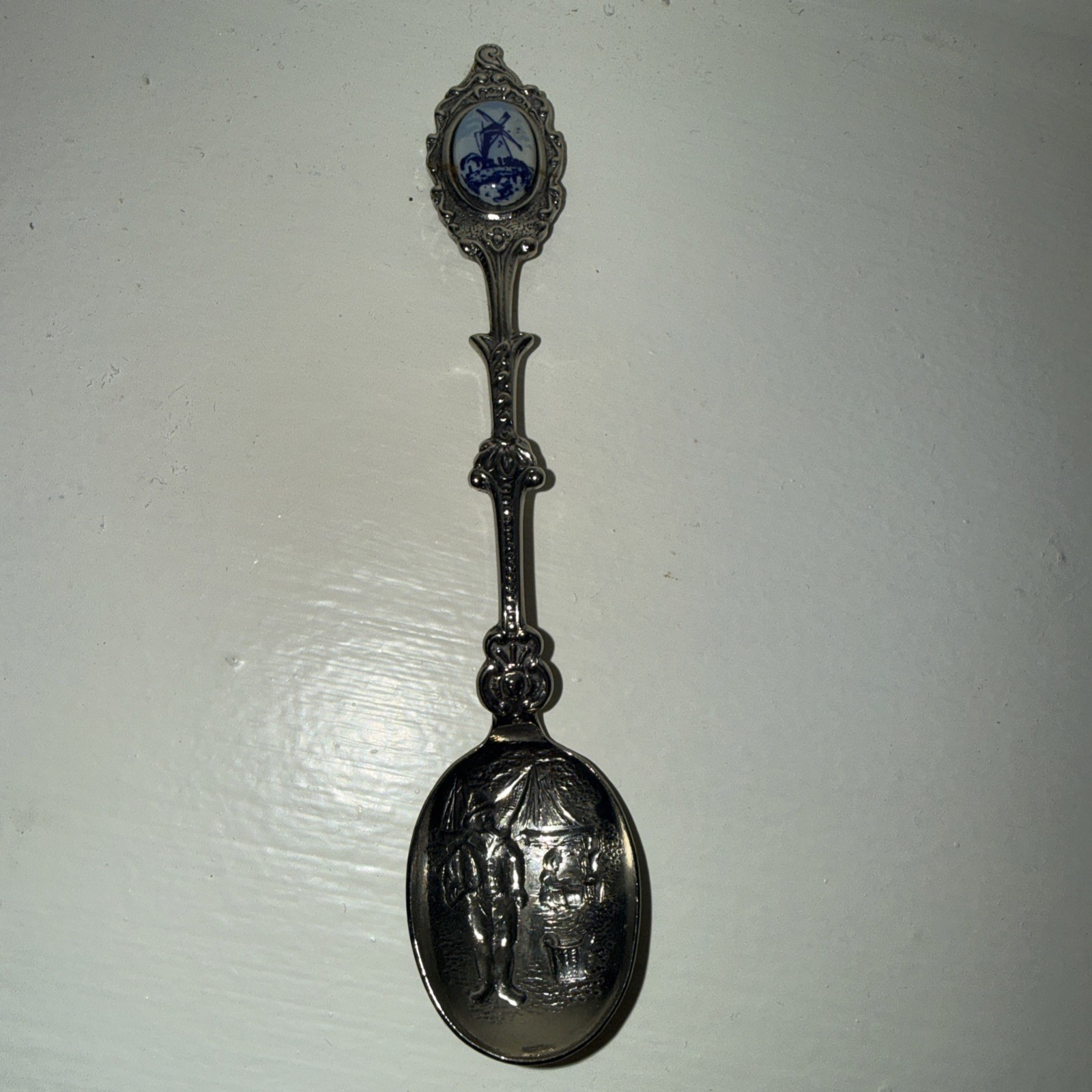 Dutch Delft Pottery Windmill on Silverplate Souvenir Spoon Holland Netherlands