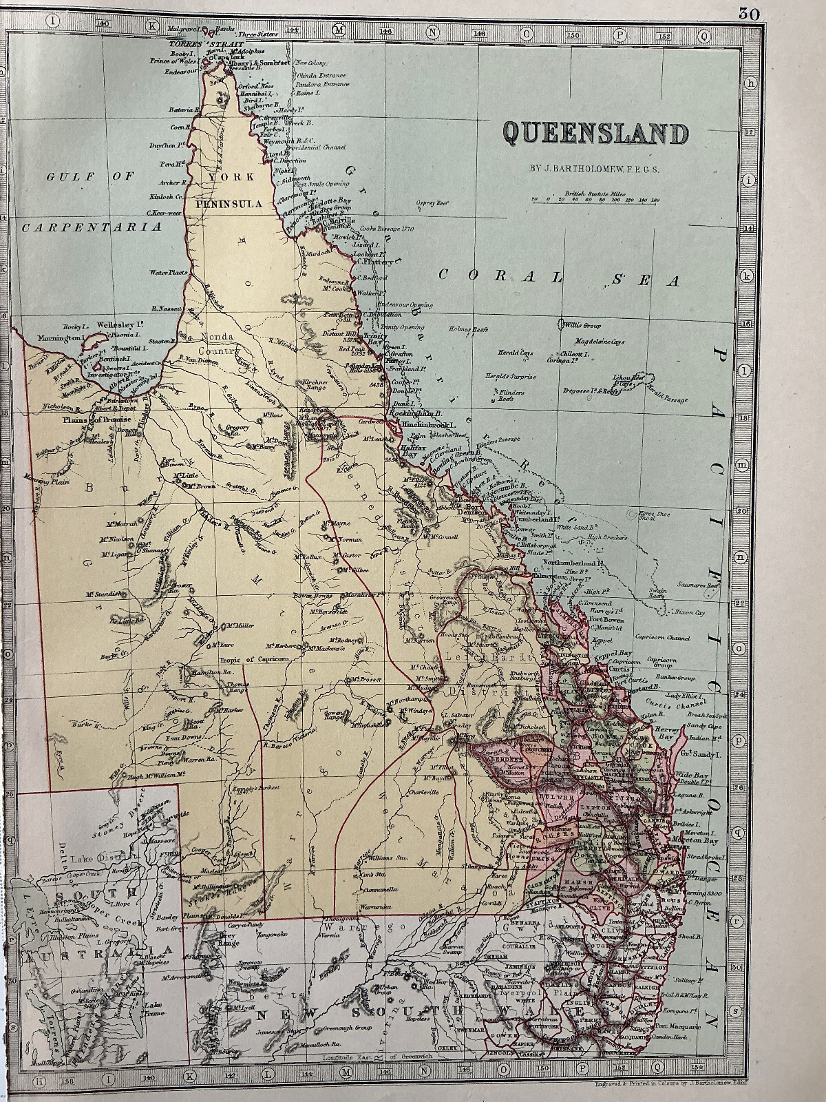 QUEENSLAND – 1874 Original Antique Map Atlas George Philip Bartholomew Australia