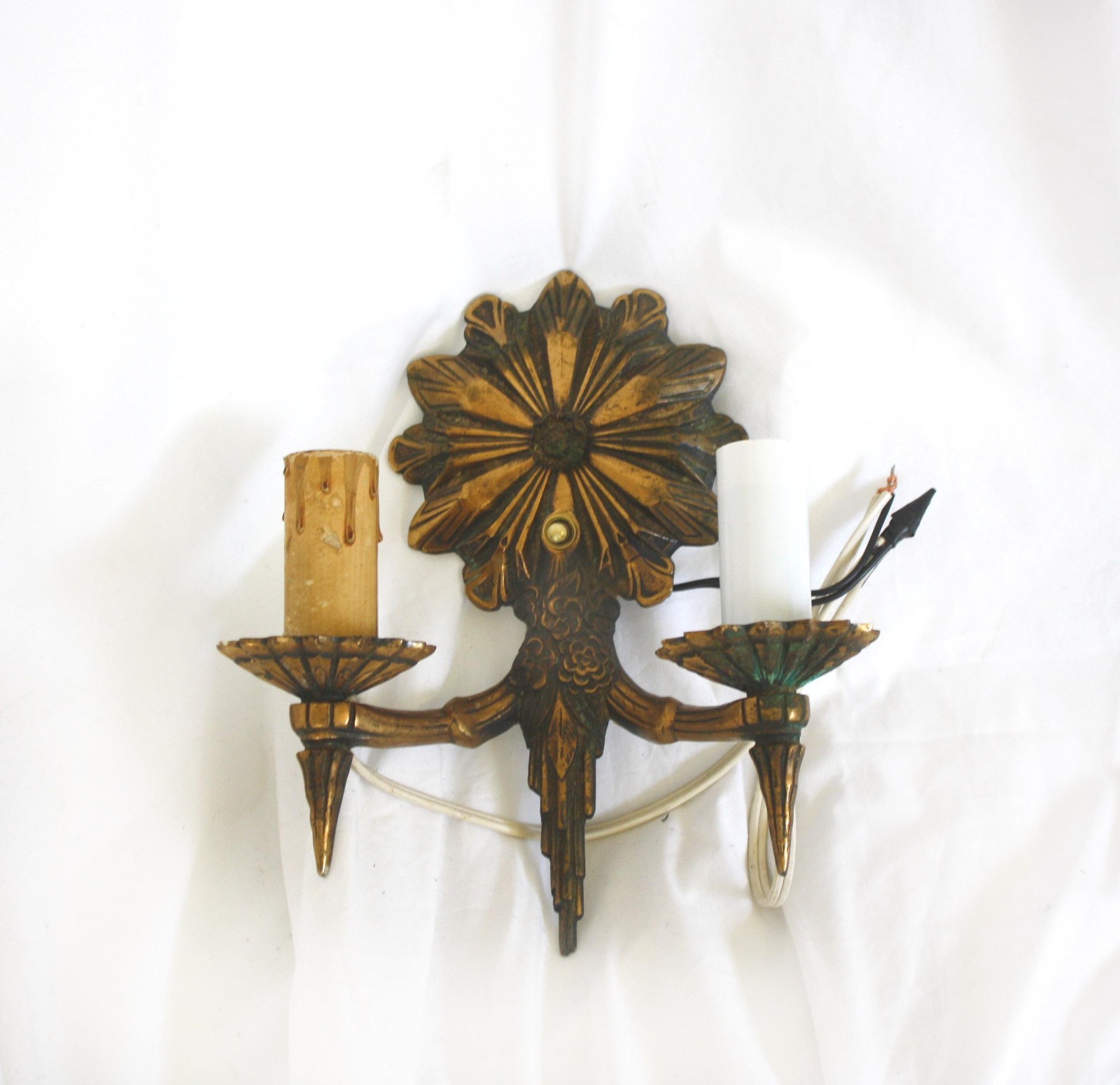 Antique Art Deco Gothic Revival Bronze Brass Starburst Sunburst Wall Sconce