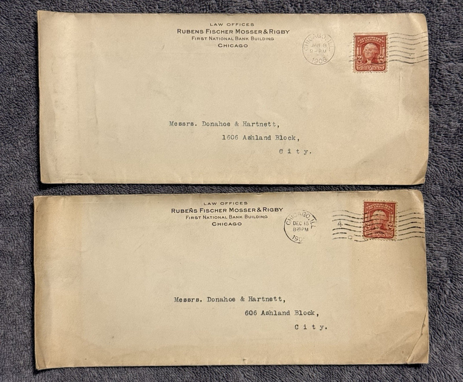 1905–1906 Chicago Law Office Covers – Rubens Fischer Mosser Rigby – 2¢ Washingto