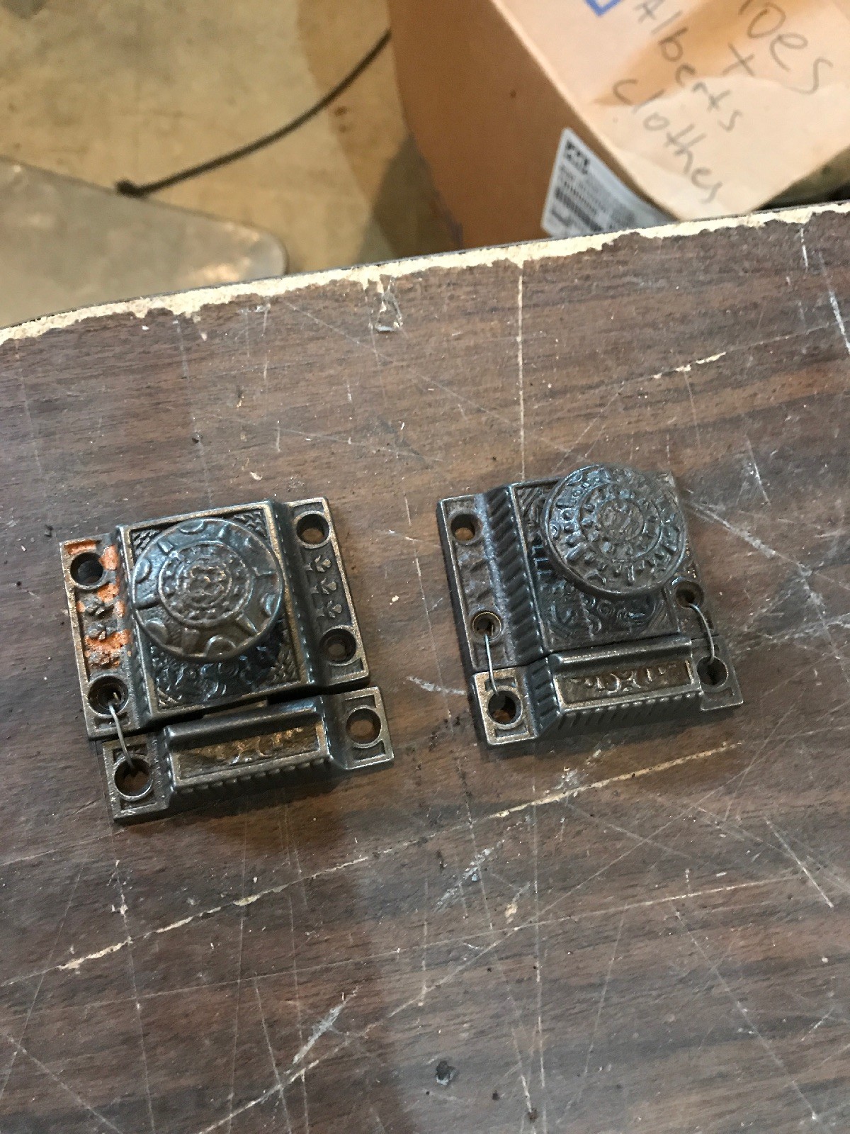 Two available price separate antique cast-iron Eastlake cabinet latch 2 1/4 in.²