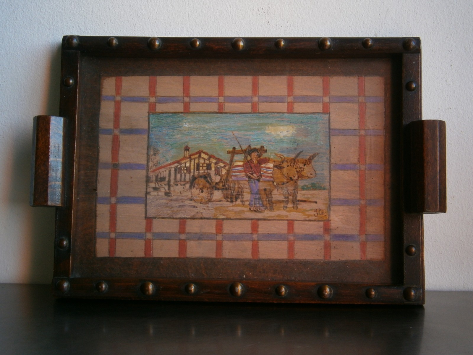 Small Basque Tray Clad Oak Painted Decor Farmer Farm Tile Antique