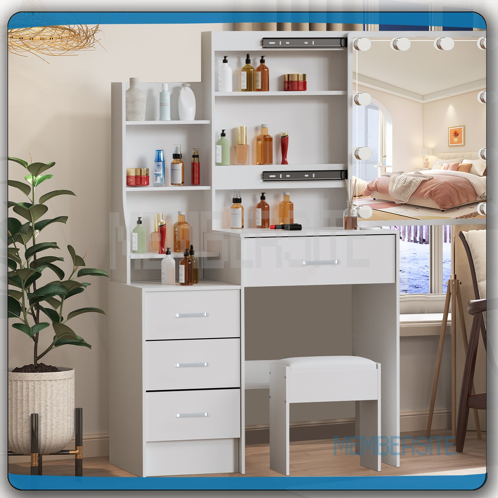 White Vanity Table with LED Lights Sliding Mirror and Stool Makeup Vanity Set US