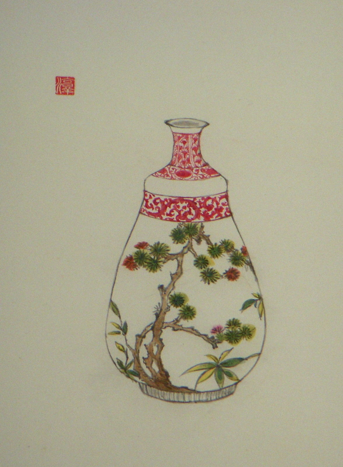 PAINTING – VASE- PINE-TREE- HAND PAINTED ON PAPER- ARTIST SEAL.