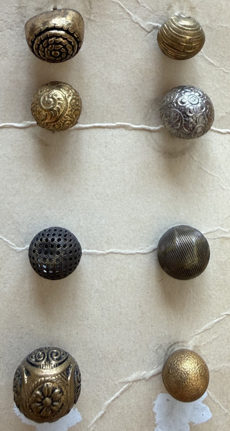 42 Antique/Vintage Domed Brass, Pewter, Golden Age, Mirror Back OLD BUTTON CARD