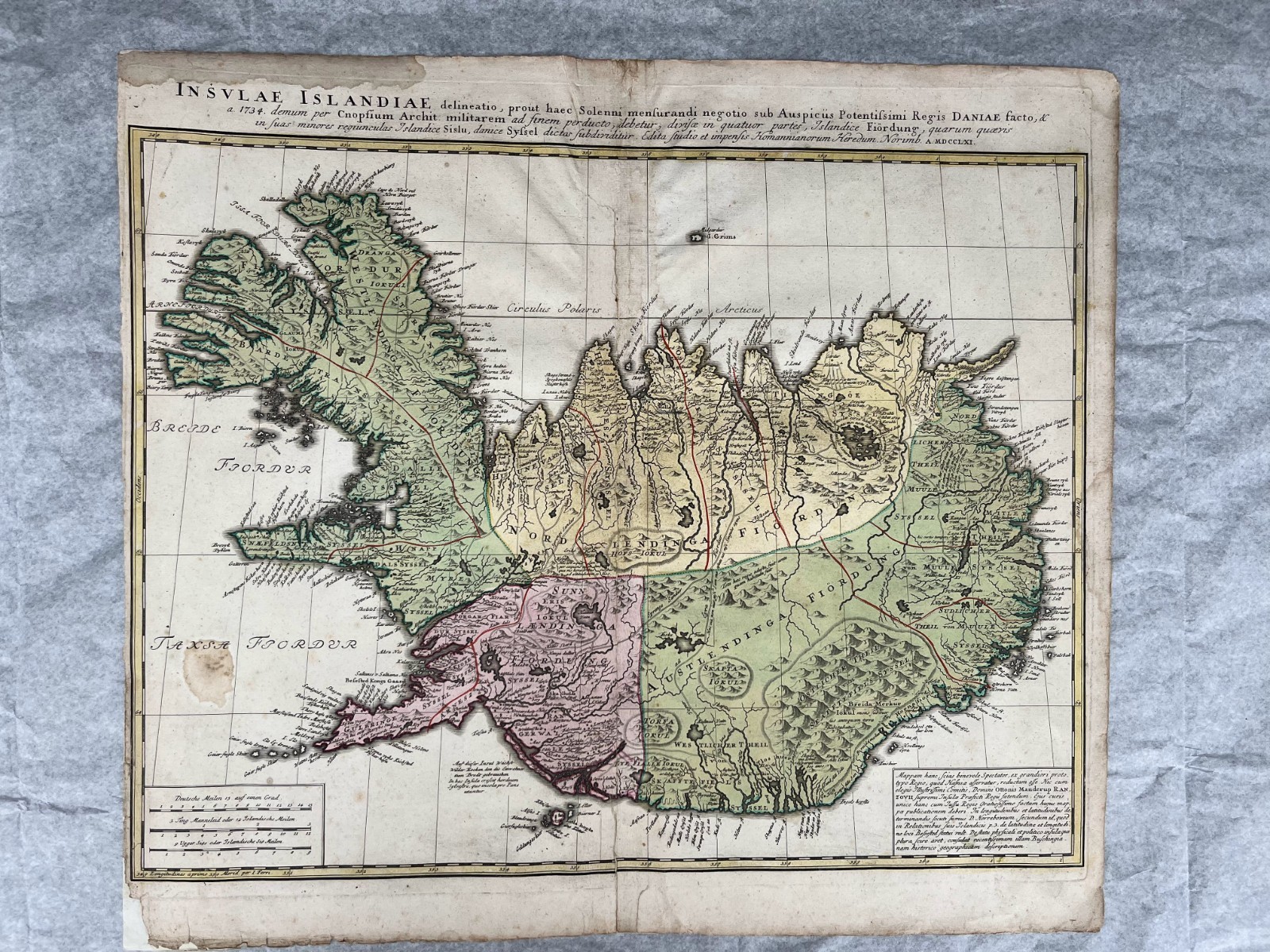 Antique Iceland Map 1761 Homann Heirs Hand Coloured Copper Engraving