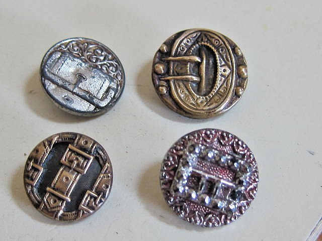 Lot of 4 Antique 1800’s Belt Buckle Buttons~Tin, Copper, Brass & Glass