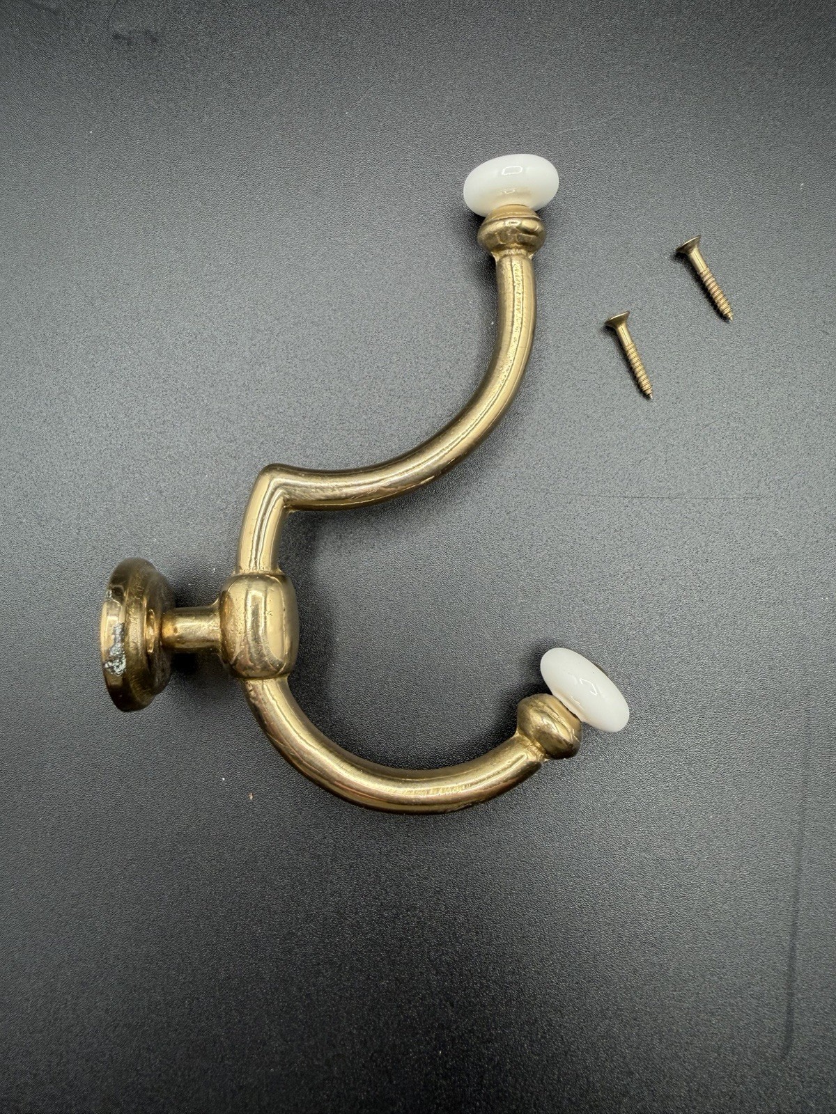 Coat Hook Ceramic Ends Two Prong Vintage Brass – Back Mount 5.5” See Pics