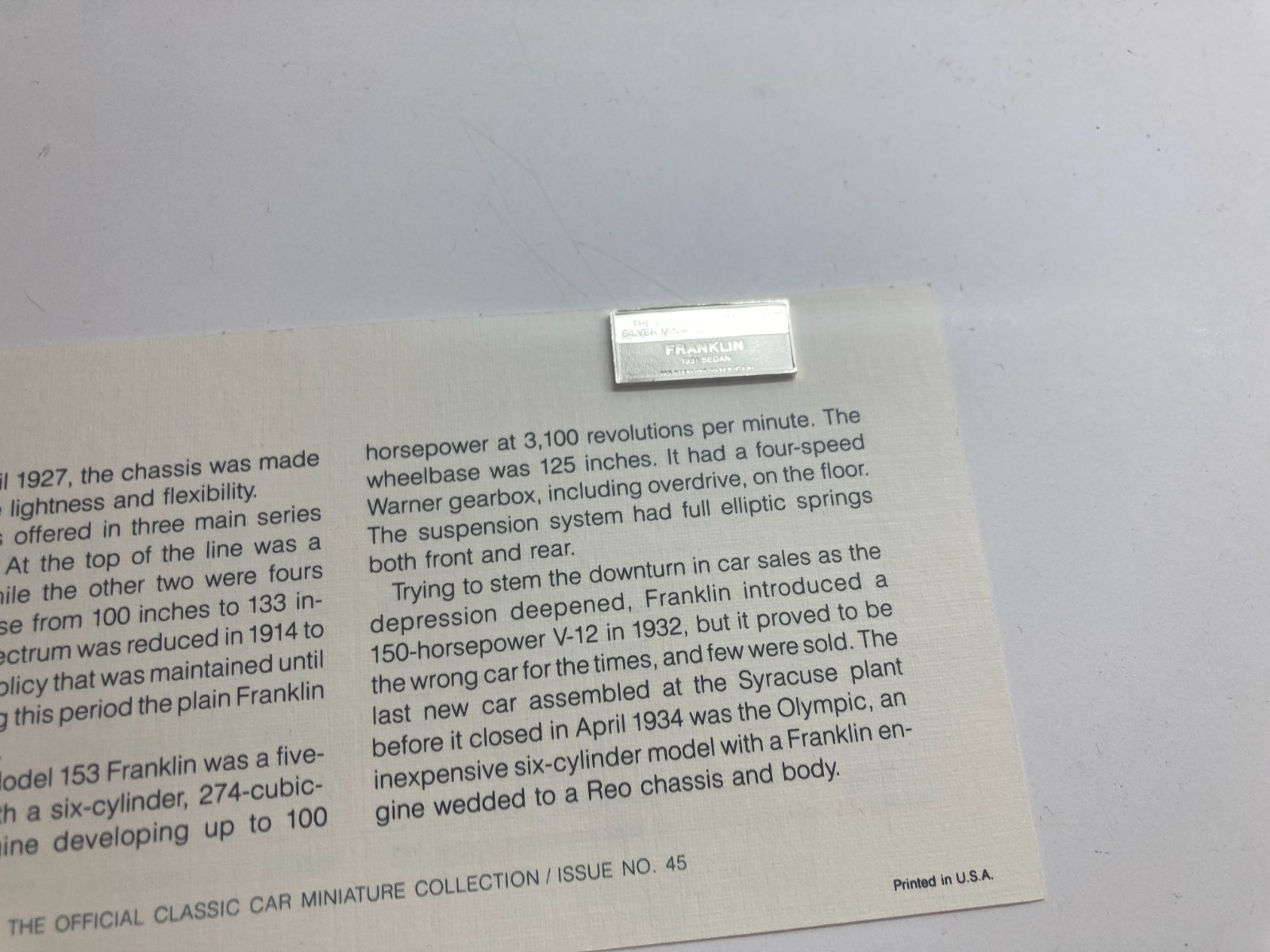 1981 Franklin Mint Classic Car Collection Silver Ingot Franklin Sedan