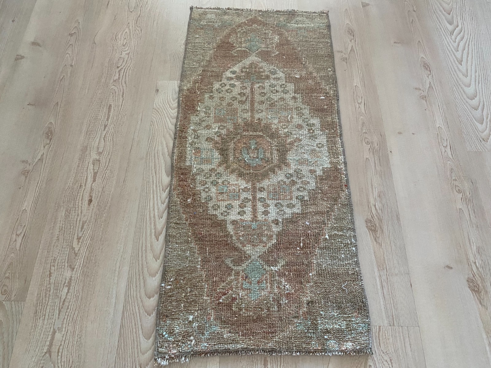 Vintage Turkish Rug 1.3×2.9 ft Handwoven Wool Faded Anatolian Carpet