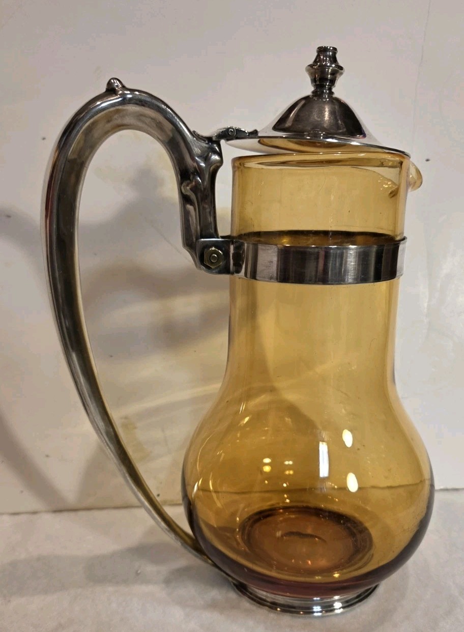 Vintage Amber Glass Carafe Pitcher W/ Silverplated Lid And Handle 11in