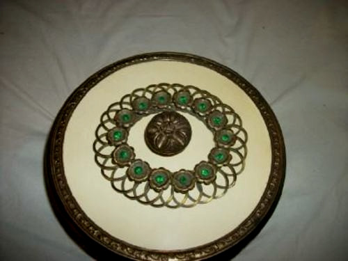 Cottagecore 1920s Bronze Jeweled Vanity Dish Celluloid Divided Glass Antique