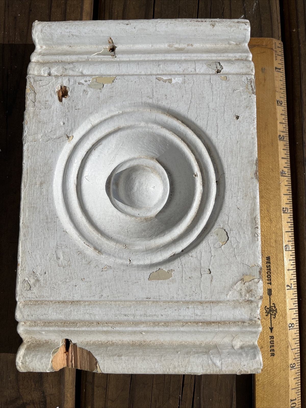 8 3/4” Architectural Antique Vintage White Wooden Door Trim Plinth Block