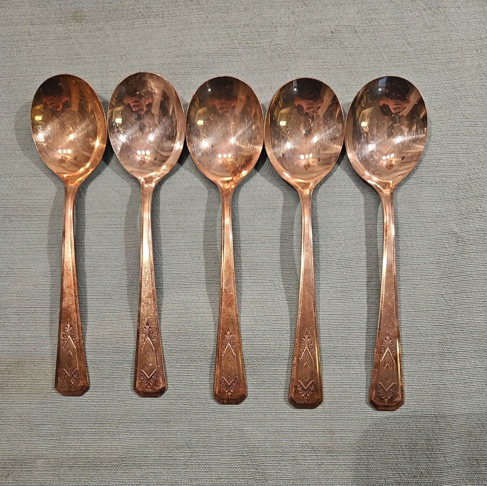 VTG Lot Of 5 Soup Spoons Wm A Rogers A1 Plus Oneida Silverplate ‘Naunt’ #Z1