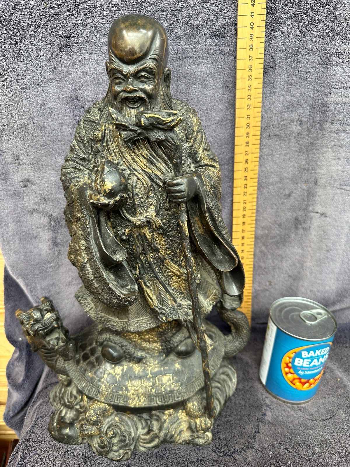 Antique (VGC+) Chinese Cast Bronze Gilt 7+ Kilos Holy Man Monk on Dragon Turtle